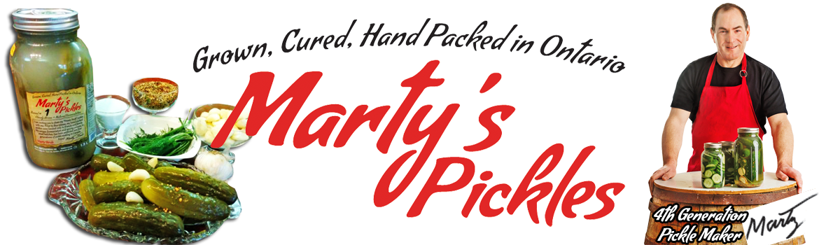 Marty's Pickles Homepage image. Grown, Cured, Hand Packed in Ontario